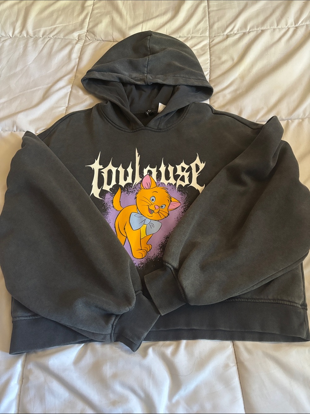 Divided Charcoal Hoodie with Orange Cat Graphic and Purple Accent